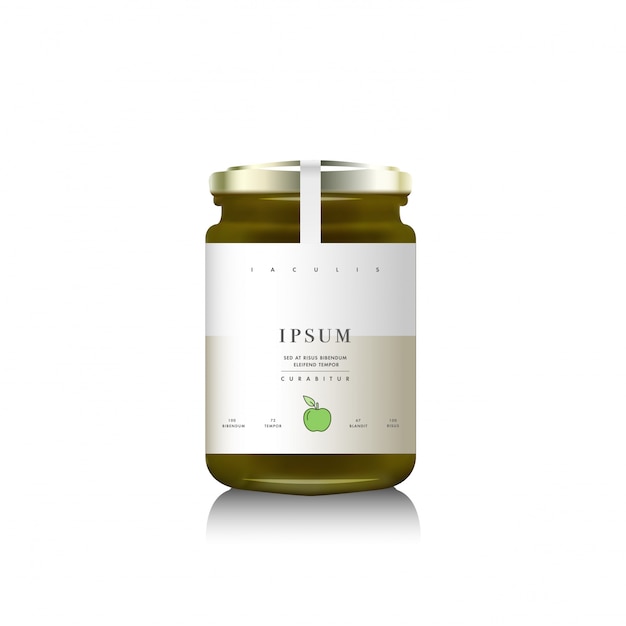 Realistico packaging in bottiglia di vetro per marmellata di frutta. Verde una marmellata di mele con etichetta di design, tipografia, linea un'icona di mela.
