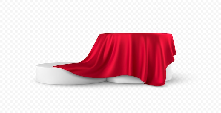 Vettore realistico rotondo bianco display podio prodotto coperto pieghe drappeggi tessuto rosso isolato su sfondo bianco.