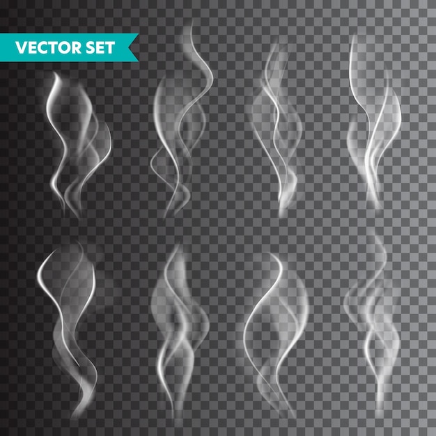 Realistico set di fumo di sigaretta isolato su uno sfondo trasparente Vettore di vapore nel flusso di vapore dell'aria Effetto nebbia di nebbia