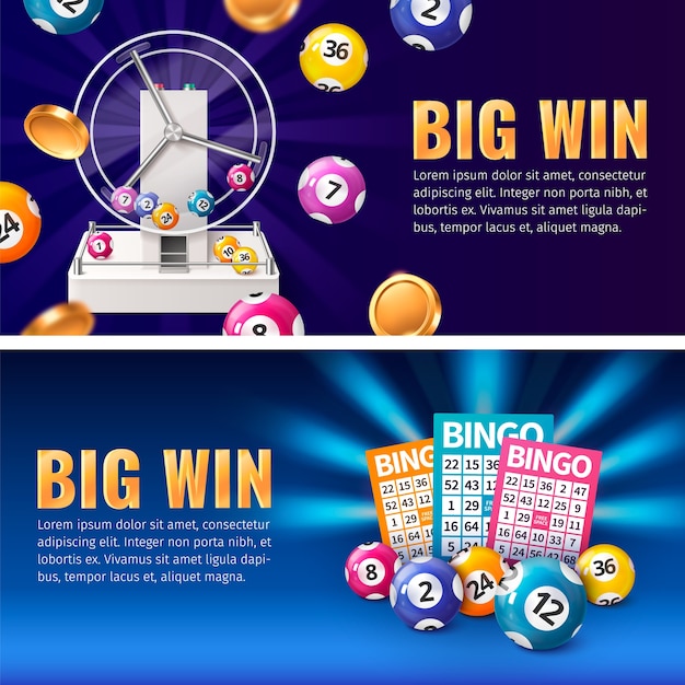Realistico set di modelli di banner orizzontali per bingo con carte e palle di lotteria