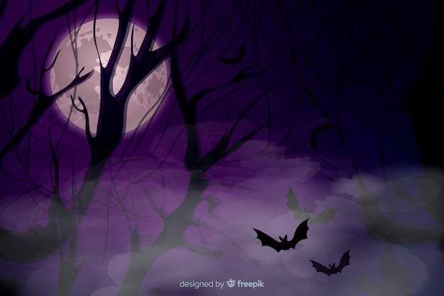 Realistico sfondo di Halloween con nebbia e pipistrelli
