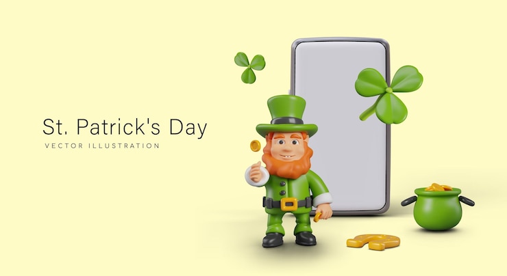 Vettore realistico smartphone leprechaun lancio moneta tesoro vaso ferro di cavallo trifoglio trifoglio