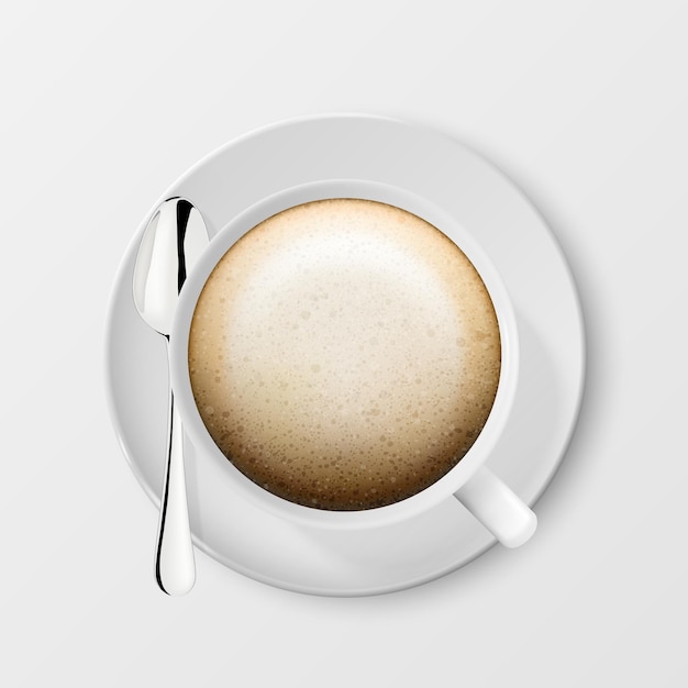 Realistico vettore 3d bianco lucido bianco tazza di caffè o tazza con cappuccino e tè o cucchiaio da caffè closeup isolato su sfondo bianco modello di progettazione di tazza da caffè o tazza mockup vista dall'alto