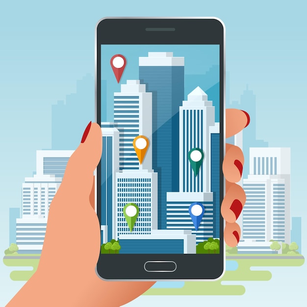 Realtà aumentata della città o concetto di navigazione satellitare GPS. Pianificazione del percorso di viaggio, turismo e posizione. Smartphone vettoriale con applicazione internet navigatore.