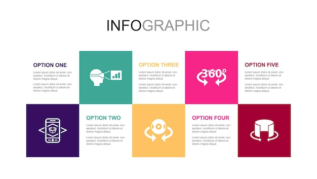 Realtà aumentata Presentazione VR Fotocamera 360 Vista 360 Icone tour VR Modello di layout di progettazione infografica Concetto di presentazione creativa con 5 passaggi