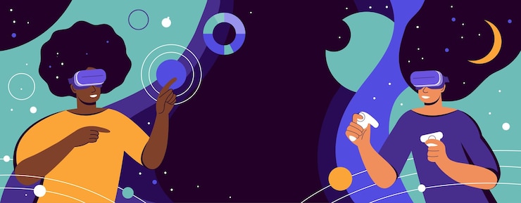 Realtà virtuale Metaverse Team di donne multiculturali che lavorano con visori VR e occhiali futuristici
