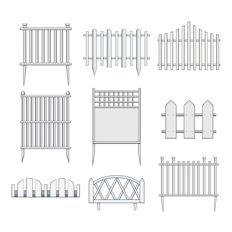 Vettore recinto bianco set cartone animato picchetto legno legname vecchio muro della fattoria recinto bianco segno isolato simbolo illustrazione vettoriale