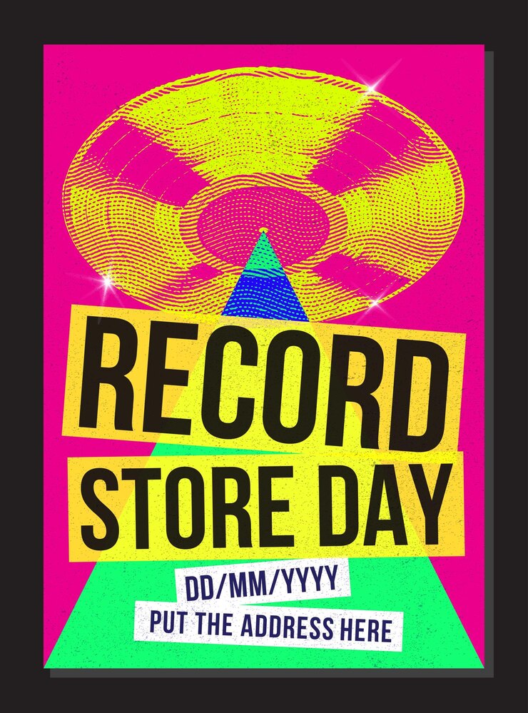Vettore record store day poster music event vinyl vendita presso il negozio di pubblicazioni speciali o esclusive vinyl store