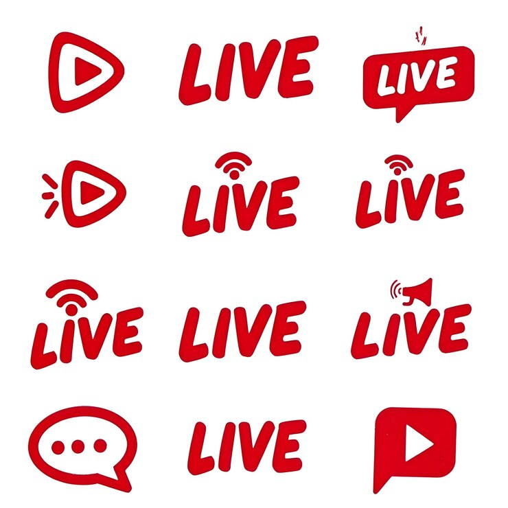 Vettore red and white live icon set vector collection con segnale del pulsante di riproduzione e disegni di megafono