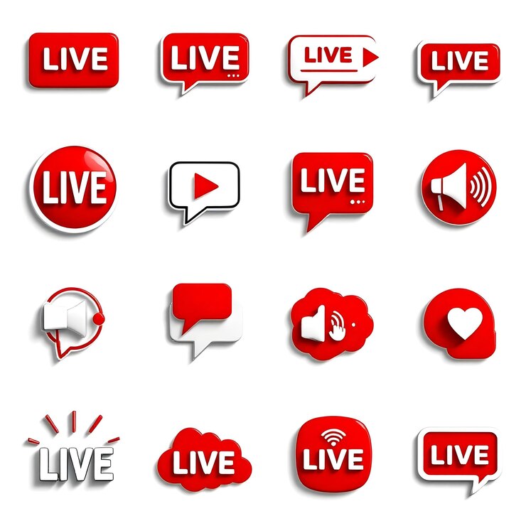 Vettore red and white live icon set vector collection con segnale del pulsante di riproduzione e disegni di megafono