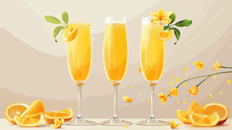 Vettore refrescanti bicchieri da cocktail di mimosa su un'elegante tavola bianca