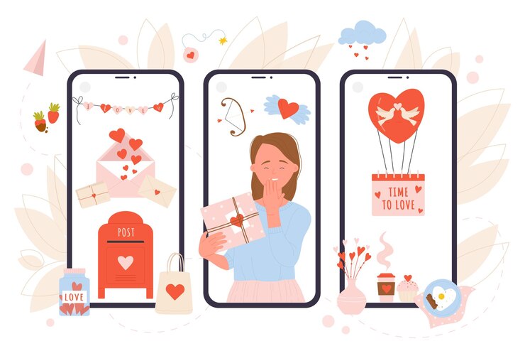 Vettore regali d'amore sugli schermi dei telefoni cellulari fidanzata felice con regalo romantico in mano