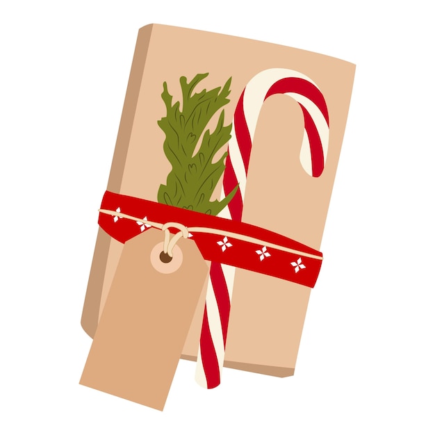 Regalo di Natale in carta kraft con rametto di bosso in nastro rosso e bastoncino di zucchero in stile piatto minimalista