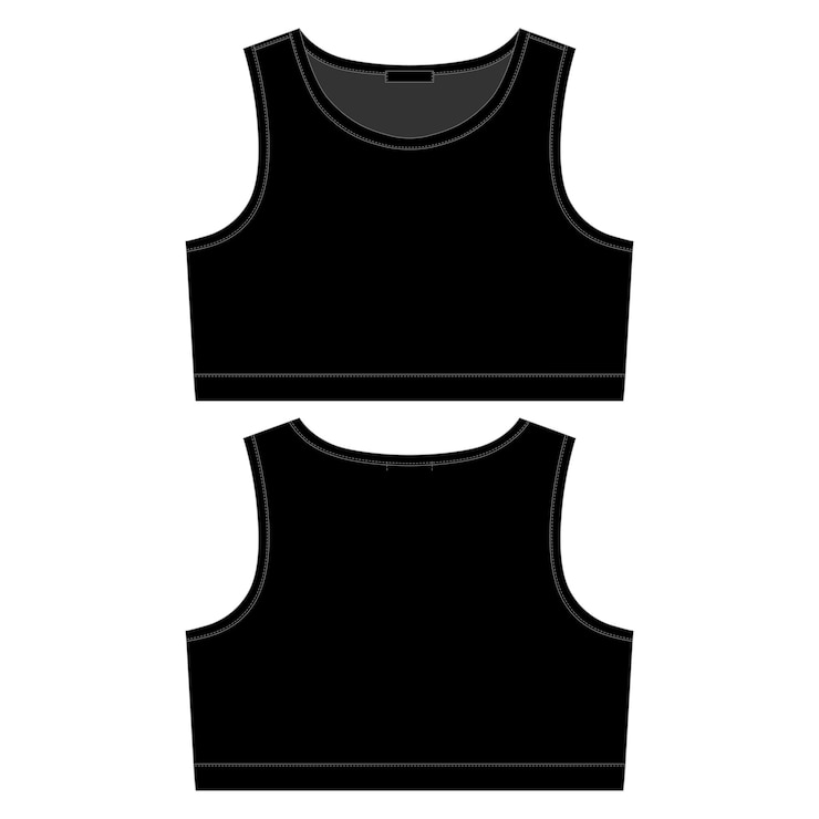 Vettore reggiseno sportivo nero schizzo tecnico isolato su priorità bassa bianca. modello di disegno di biancheria intima sportiva da donna. illustrazione vettoriale di vista anteriore e posteriore