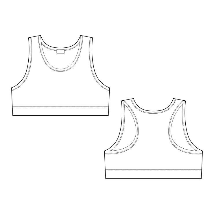 Reggiseno sportivo ragazza schizzo tecnico. Modello di disegno di biancheria intima sportiva da donna. Illustrazione vettoriale di vista anteriore e posteriore