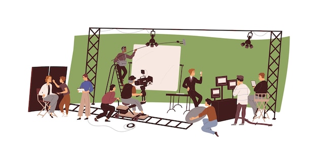 Regista, cameraman, attori al processo di realizzazione del film. Persone con telecamere dell'industria della produzione video, che registrano film in studio. Illustrazione vettoriale piatta del personale televisivo isolato su sfondo bianco