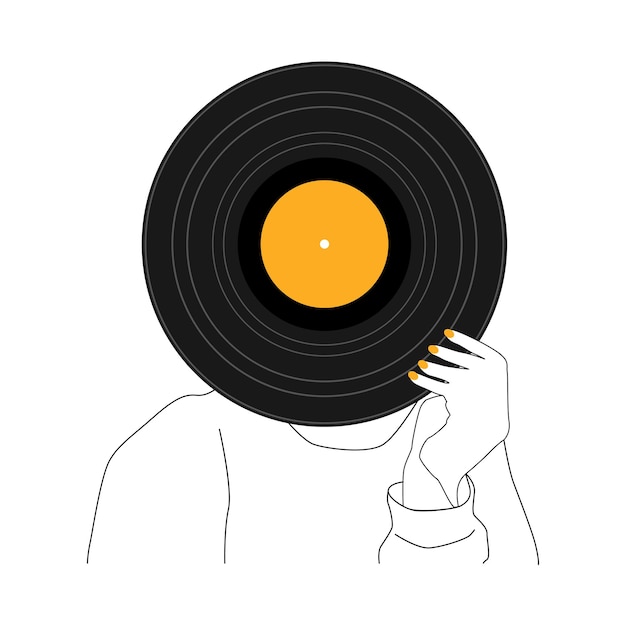 Registrare l'illustrazione di doodle di musica in vinile. Sottofondo musicale. Stile vintage. Disegno vettoriale. Contesto piatto del fumetto.