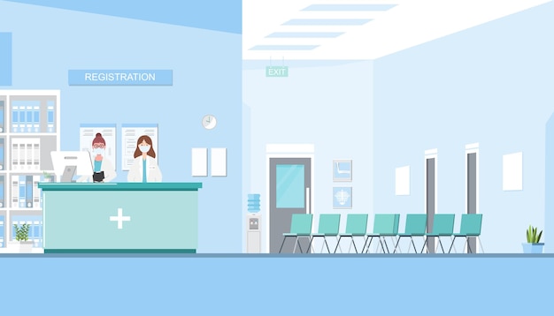 Registrazione davanti alla stanza dell'ospedale su stile piatto Personaggio dei cartoni animati di illustrazione vettoriale