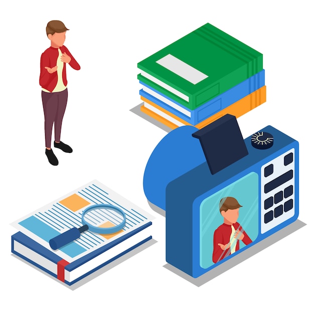 Registrazione dello studente quando si presenta davanti alla fotocamera digitale. Vettore