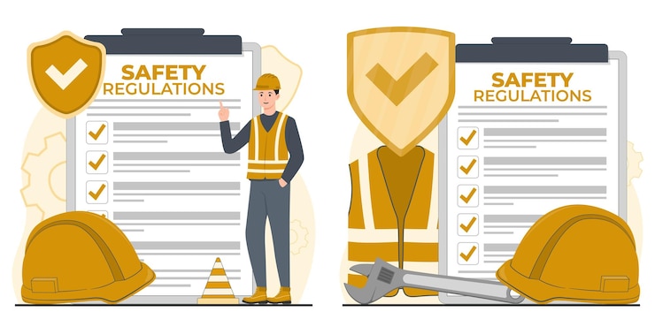 Vettore regolamenti di sicurezza lavoratore edile con casco di sicurezza e lista di controllo illustrazione vettoriale