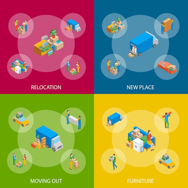 Relocation Service 3d Banner Set Isometric View Include of Transportation Shipping Box or Container Pacchetto e illustrazione del vettore di stoccaggio