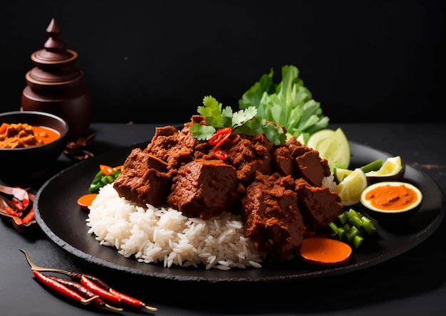 Rendang di manzo su piatto nero sul piano del tavolo in ardesia nera Piatto di carne della cucina indonesiana padang Illustrazione del cibo asiatico