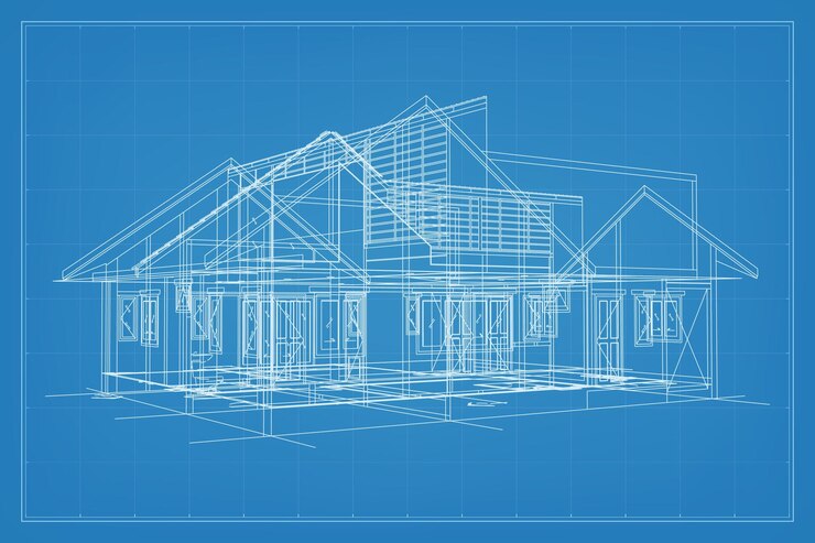 Vettore rendering 3d della struttura wireframe dell'edificio prospettiva wireframe della casa