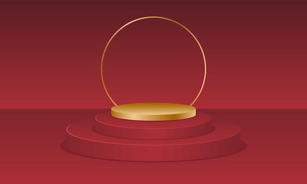 Rendering 3D di un podio rosso e oro su sfondo rosso