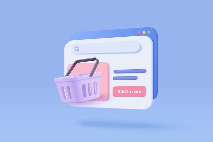Vettore rendering vettoriale 3d della borsa di acquisto online per il prodotto aggiunta alla carta sul sito web icona di cartone animato isolata sullo sfondo con mercato commerciale vettore 3d e carrello di acquisto del negozio negozio al dettaglio su e-commerce