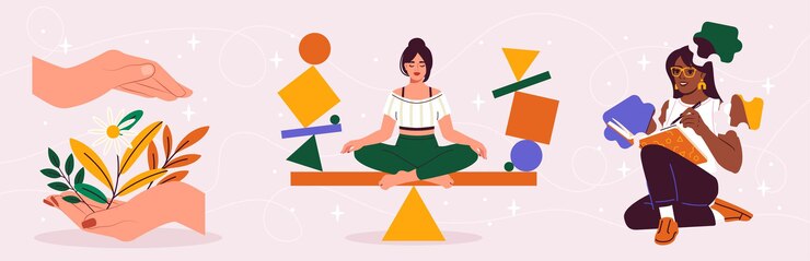 Vettore resilienza mentale mettere le mani con i fiori donna seduta in posizione di loto e leggere libri
