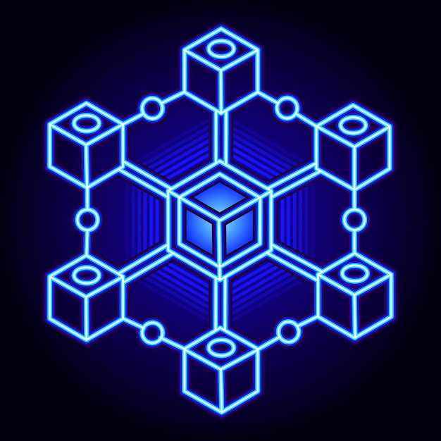 Rete a cubo blockchain blu neon con nodi interconnessi che simboleggiano la sicurezza digitale