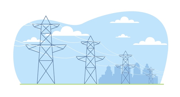 Rete di distribuzione ad alta tensione supporta la trasmissione di energia elettrica in città Trasmissione elettrica Paesaggio industriale Linee e torri Concepto vettoriale isolato in stile piatto a cartone animato