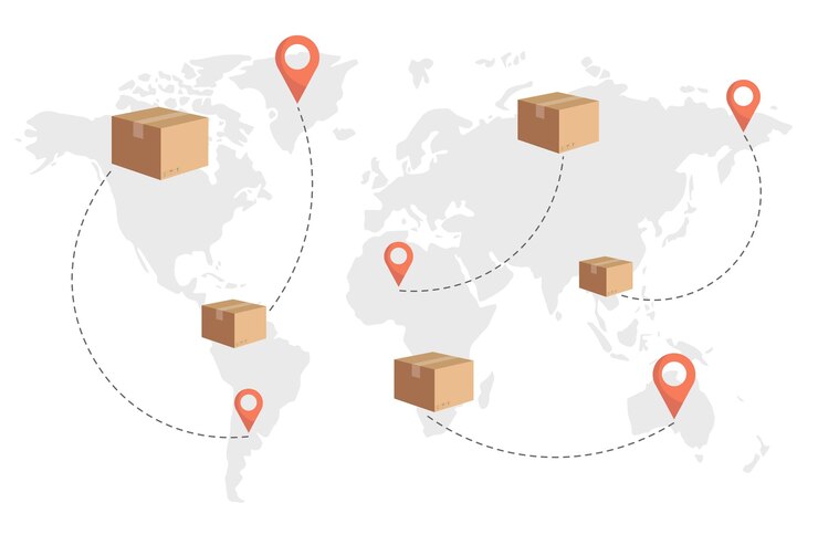 Vettore rete logistica globale spedizioni mondiali via aerea e via mare mappa del mondo con merci in movimento