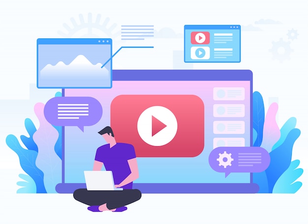 Rete online, blog, media web, social network, contenuti multimediali e concetto di galleria online. Un uomo seduto su un grande laptop con il tasto play. illustrazione piatta