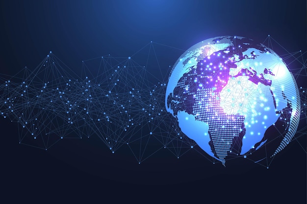 Rete sociale globale. Concetto di rete e connessione dati. Internet e tecnologia in tutto il mondo. Onde dinamiche collegate da linee di luce del plesso. Composizione digitale virtuale. Illustrazione vettoriale.