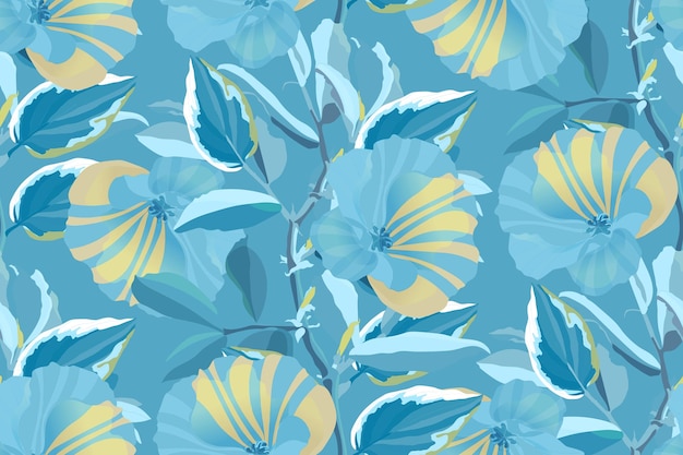 Reticolo floreale senza giunte Yellowblue fiori e foglie su sfondo blu