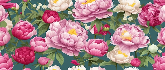 Reticolo senza giunte con peonie rosa e foglie su sfondo verde