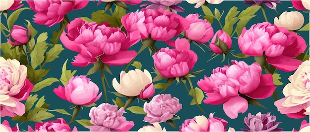 Reticolo senza giunte con peonie rosa e foglie su sfondo verde