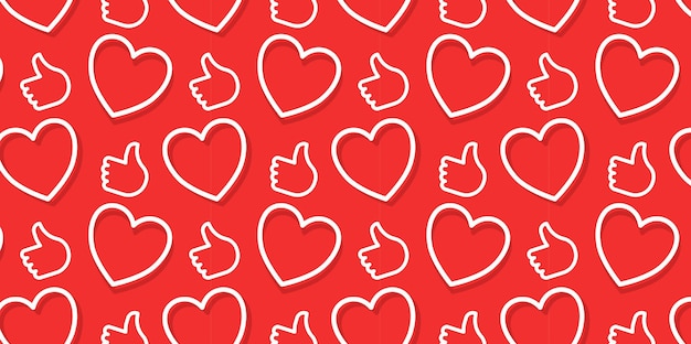 Reticolo senza giunte creativo con approvare reazioni su sfondo di colore rosso. Line art style socila media design con cuore e pollice in su per web, sito, banner, card