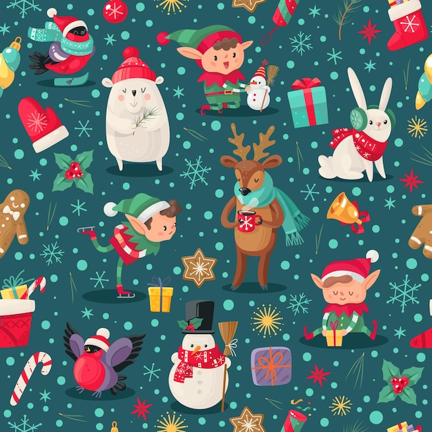 Reticolo senza giunte dei caratteri di Natale. Aiutanti di Babbo Natale, cervi e pupazzo di neve, elfo e orso artico inverno infantili vacanze di natale design per carta da parati, tessuto e carta da imballaggio, texture vettoriale