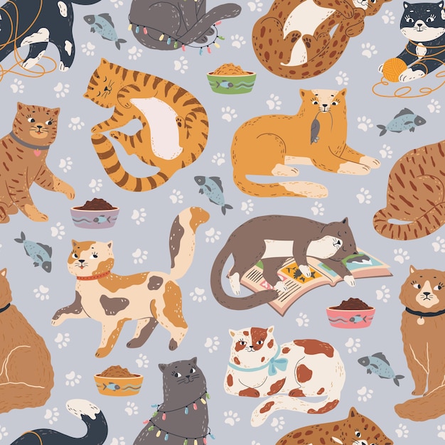 Reticolo senza giunte dei gatti Gattini svegli dormono giocare con i giocattoli sedersi. Struttura di vettore degli animali da compagnia dei cartoni animati