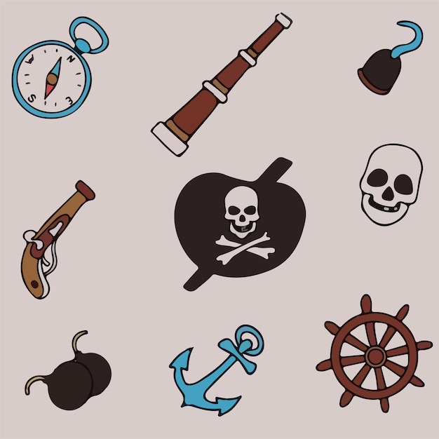 Reticolo senza giunte del pirata di doodle di vettore. Una mappa con uno schizzo disegnato a mano di una nave sirena e oggetti pirata. Modello per cartoline per bambini. Mappa dell'isola del tesoro. Stile scarabocchio.