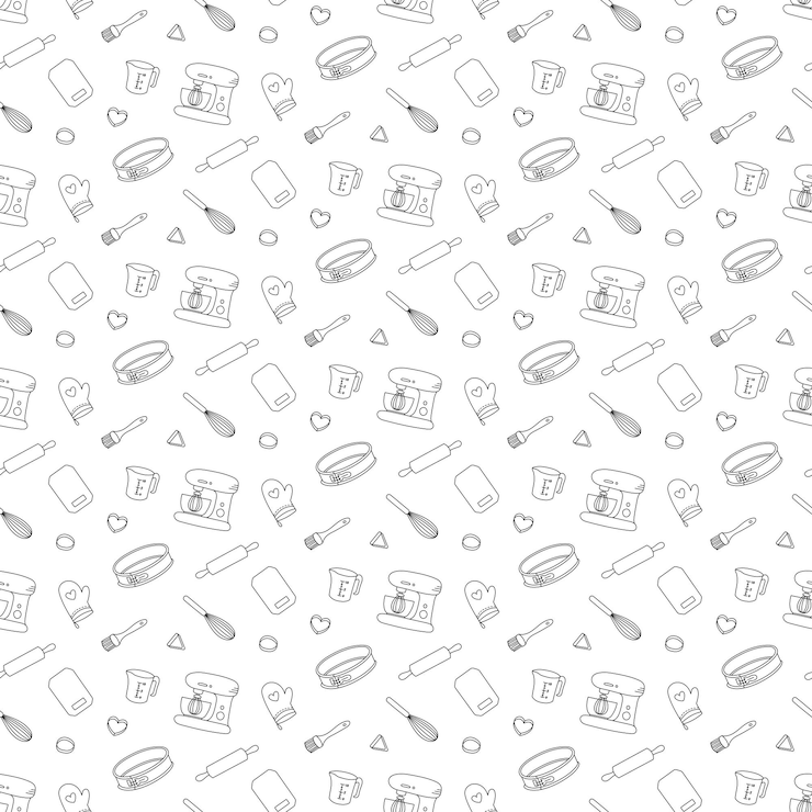 Vettore reticolo senza giunte dell'attrezzatura da cucina disegnata a mano strumenti per la produzione di pasta