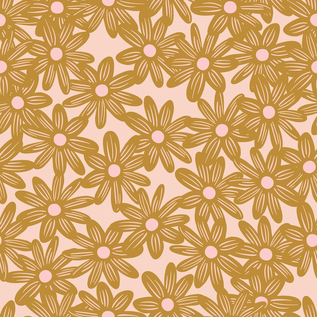 Reticolo senza giunte di fioritura con piccolo ornamento di fiori margherita beige casuale. Sfondo rosa chiaro. Progettazione grafica per carta da imballaggio e trame di tessuto. Illustrazione di vettore.