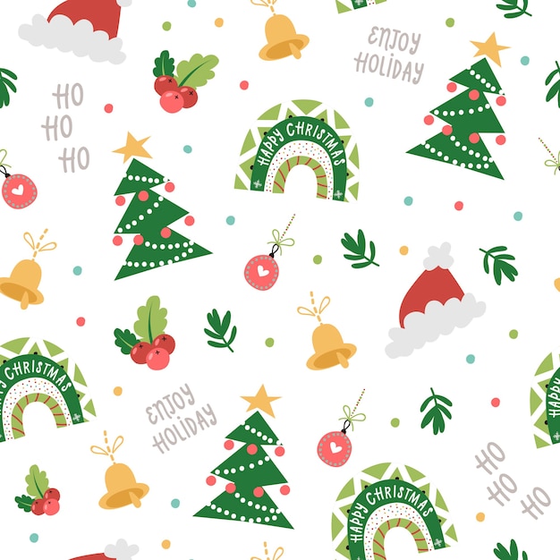 Reticolo senza giunte di Natale con arcobaleni festivi, alberi, cappelli. illustrazione per inviti di Natale, t-shirt e scrapbooking