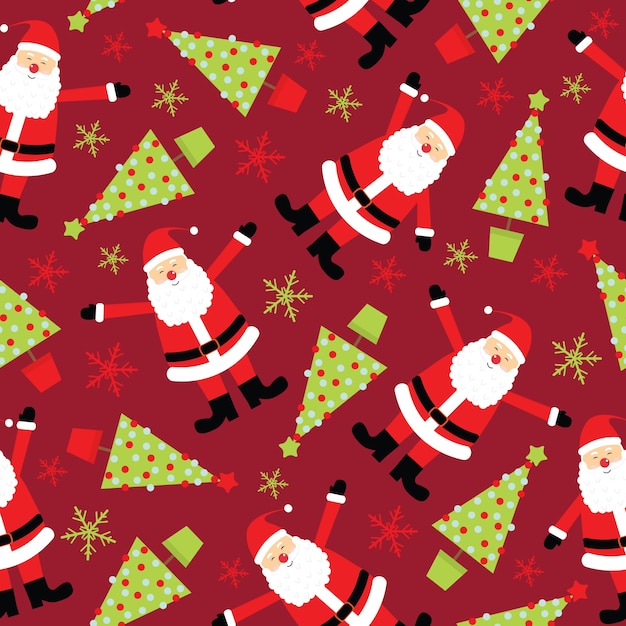 Reticolo senza giunte di Natale con Babbo Natale e albero di Natale su sfondo rosso
