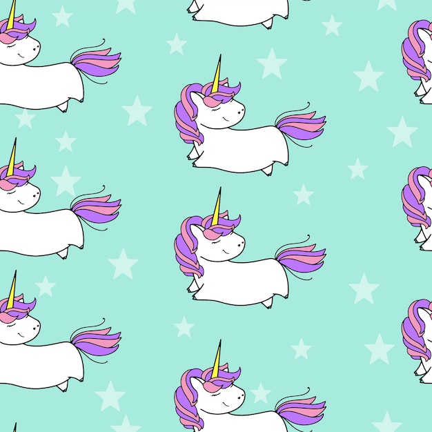 Reticolo senza giunte di unicorno carino vettoriale. Disegno di carte e magliette.