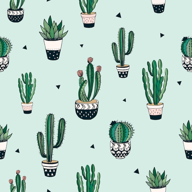 Reticolo senza giunte disegnato a mano con cactus e succulente