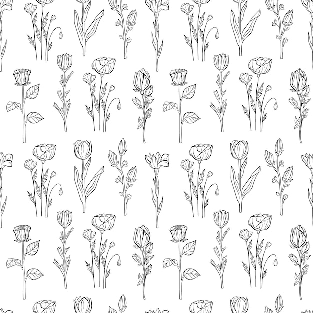 Reticolo senza giunte disegnato a mano di fioritura magnolia iris fiore di papavero tulipano rosa Collezione di contorni floreali su sfondo bianco Illustrazione decorativa per carta da parati carta da imballaggio