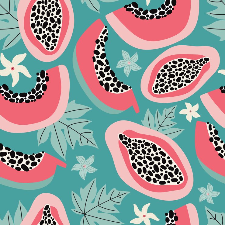 Reticolo senza giunte disegnato a mano papaia rosa su uno sfondo turchese. Frutta estiva esotica tagliata a metà con carne, semi, foglie e fiori. Design moderno per tessuti, tessuti, imballaggi. piatto